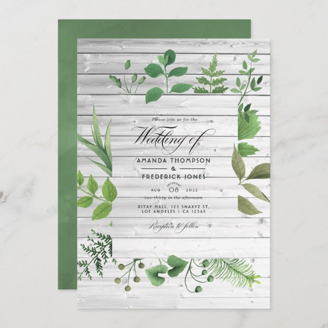 Rustic Country Barn Greenery Wedding Photo Invitation (Front/Back)
