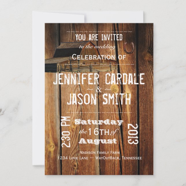 Rustic Country Barn Horseshoe Wedding Invitations (Front)