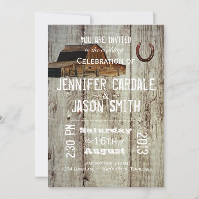 Rustic Country Barn Horseshoe Wedding Invitations (Front)