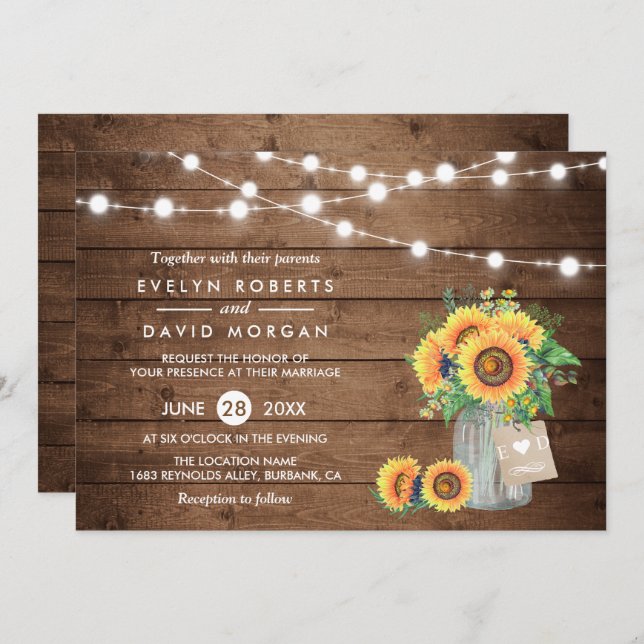 Rustic Country Barn Lights Sunflowers Wedding Invitation (Front/Back)
