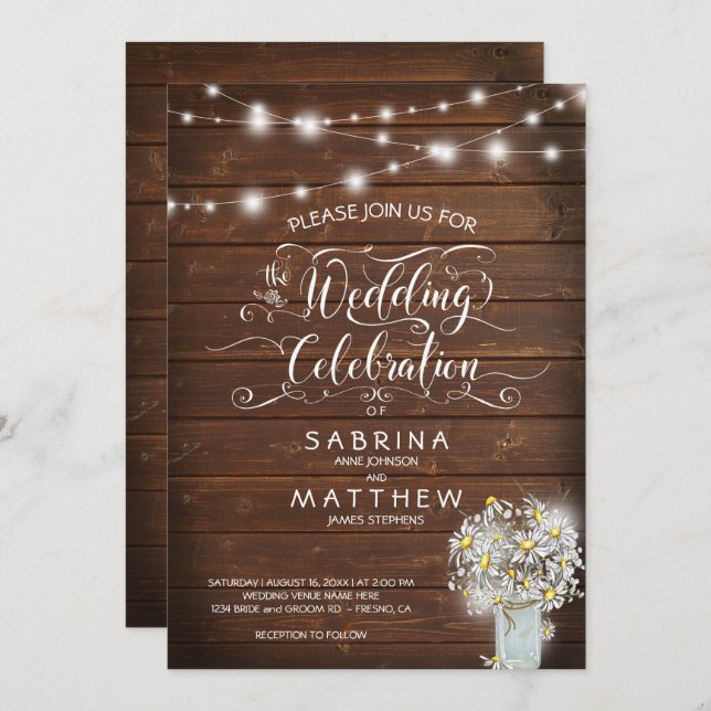 Rustic Country Barn Mason Jar Daisy BarefootBride™ Invitation (Front/Back)