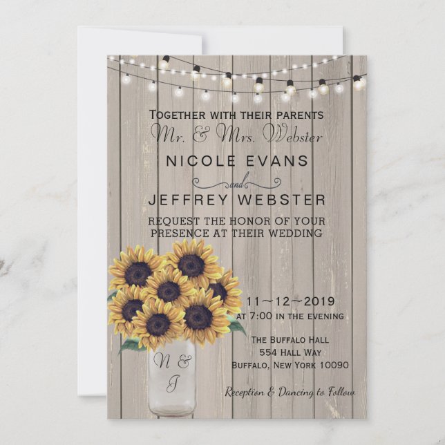 Rustic Country Barn Wedding Sunflower Mason Jar Invitation (Front)