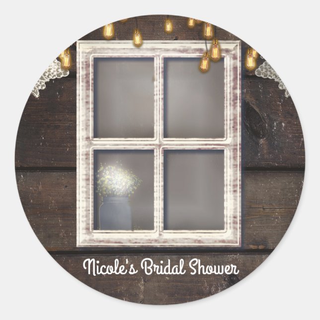 Rustic Country Barn Window Lights & Lace Favour Classic Round Sticker (Front)