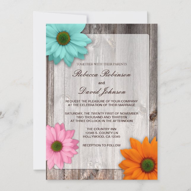 Rustic Country Barn with Colourful Daisies Wedding Invitation (Front)