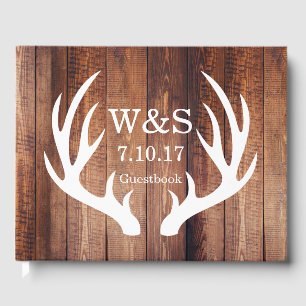 Rustic Country Barn Wood Deer Antlers & Initials Guest Book