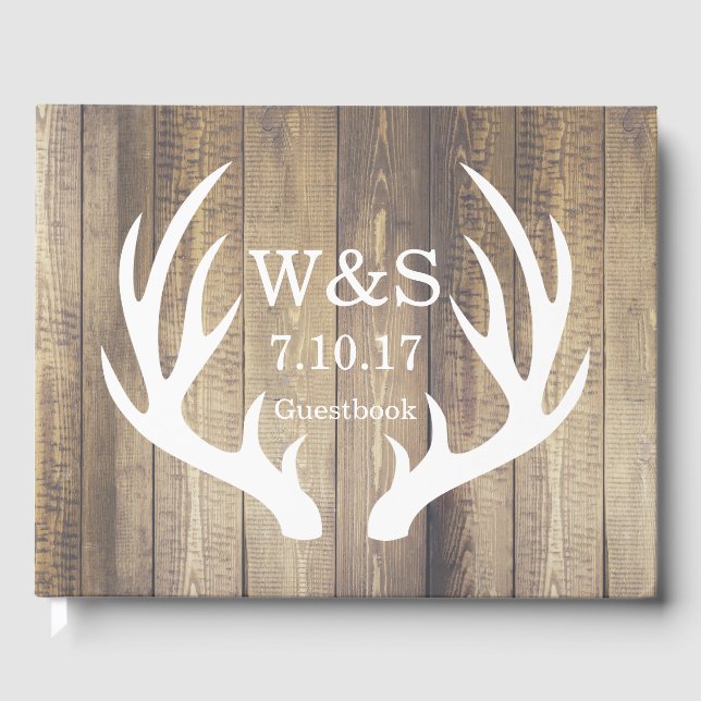 Rustic Country Barn Wood Deer Antlers & Initials Guest Book (Front)