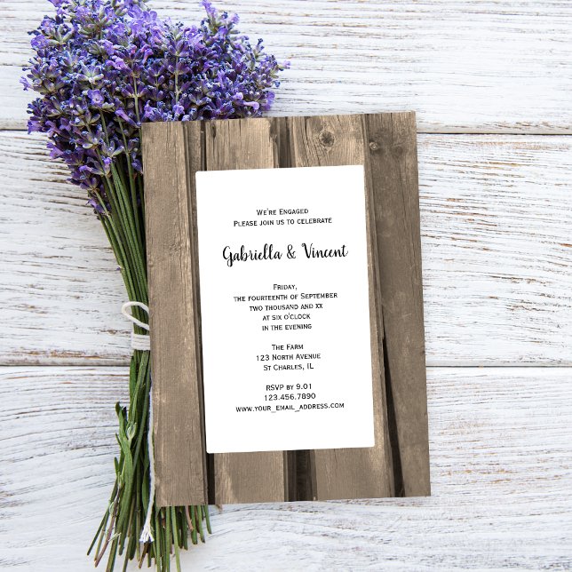 Rustic Country Barn Wood Engagement Party Invitation (Set a rustic tone for your barn party engagement celebration with this charming invitation.)