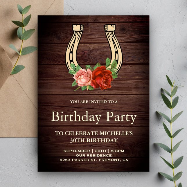 Rustic Country Barn Wood Floral Horseshoe Birthday Invitation (Creator Uploaded)