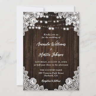 Rustic Country Barn Wood Floral Lace Wedding Invitation