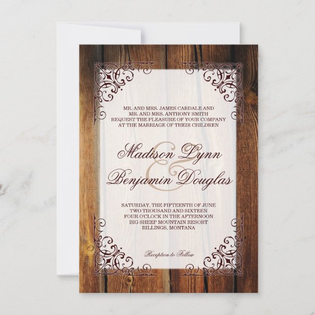 Rustic Country Barn Wood Frame Wedding Invitations (Front)