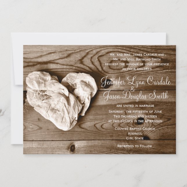 Rustic Country Barn Wood Heart Wedding Invitation (Front)