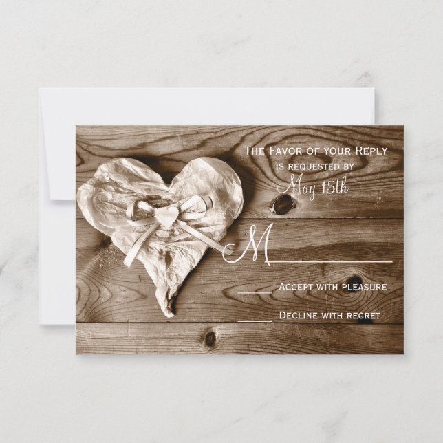 Rustic Country Barn Wood Heart Wedding RSVP Cards (Front)