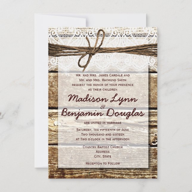 Rustic Country Barn Wood Lace Wedding Invitations (Front)