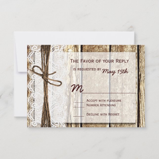 Rustic Country Barn Wood Lace Wedding RSVP Cards (Front)