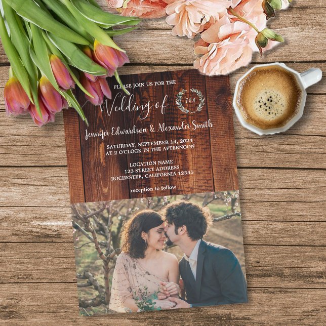 Rustic country barn wood monogrammed photo Wedding Invitation (Rustic barn wood monogrammed photo country wedding invitation. )