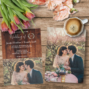 Rustic country barn wood monogrammed photo Wedding Invitation