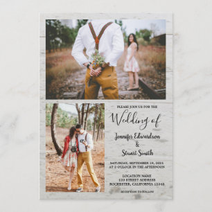 Rustic country barn wood photo collage wedding invitation