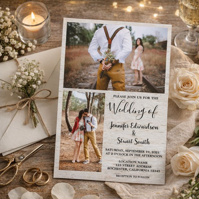 Rustic country barn wood photo collage wedding invitation (Create your own rustic country barn wood photo collage wedding invitation.)