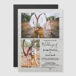 Rustic country barn wood photo collage wedding magnetic invitation