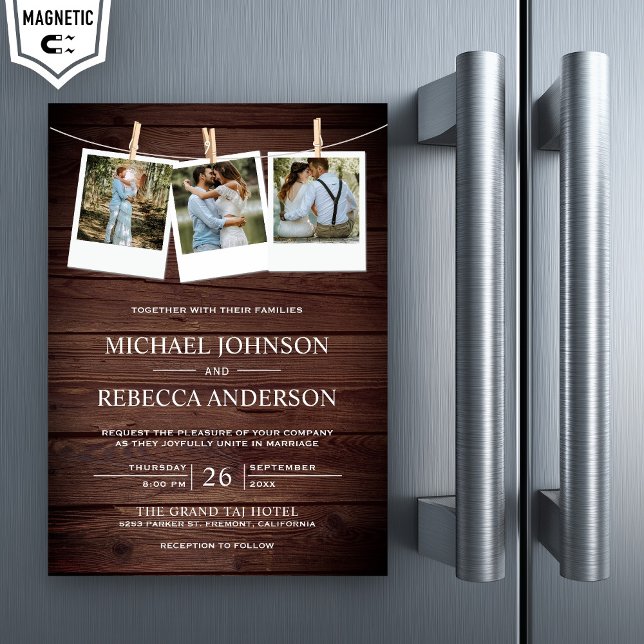 Rustic Country Barn Wood Photo Collage Wedding Magnetic Invitation (Creator Uploaded)