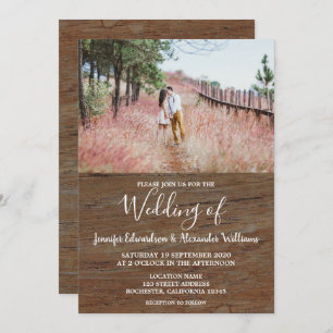 Rustic country barn wood photo wedding invitation