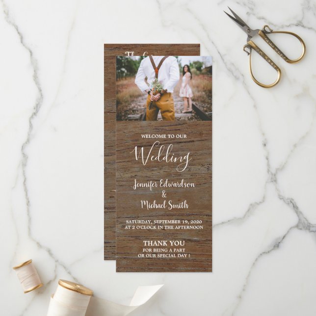 Rustic country barn wood photo wedding program programme (Front/Back In Situ)
