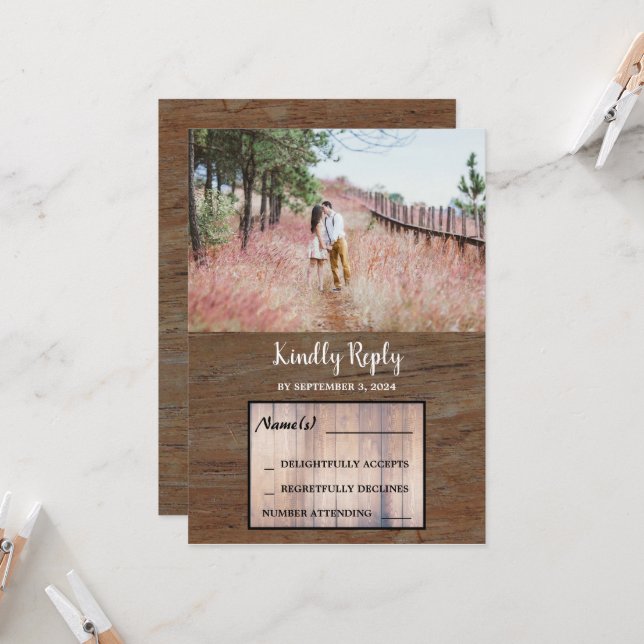 Rustic country barn wood photo wedding RSVP Invitation (Front/Back In Situ)