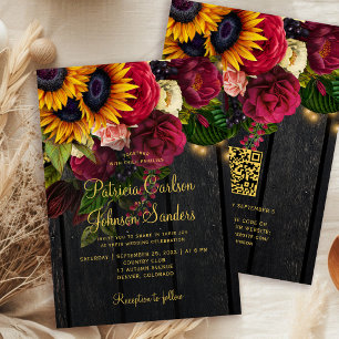 Rustic country barn wood QR code floral wedding Invitation