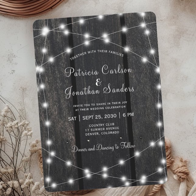 Rustic country barn wood string lights wedding invitation (Creator Uploaded)