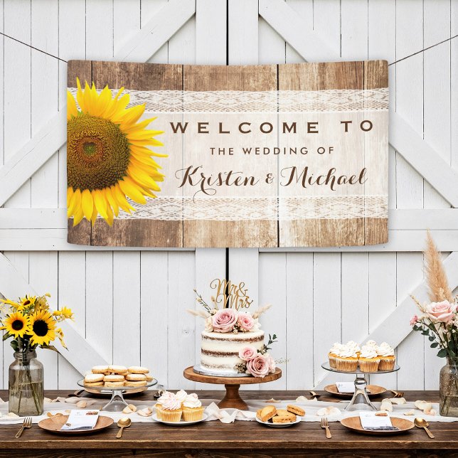 Rustic Country Barn Wood Sunflower Wedding Party Banner (Creator Uploaded)