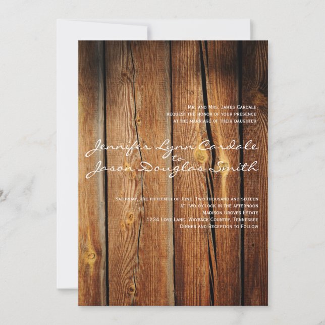Rustic Country Barn Wood Wedding Invitations (Front)