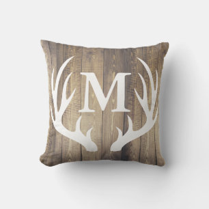 Rustic Country Barn Wood White Deer Antler Cushion