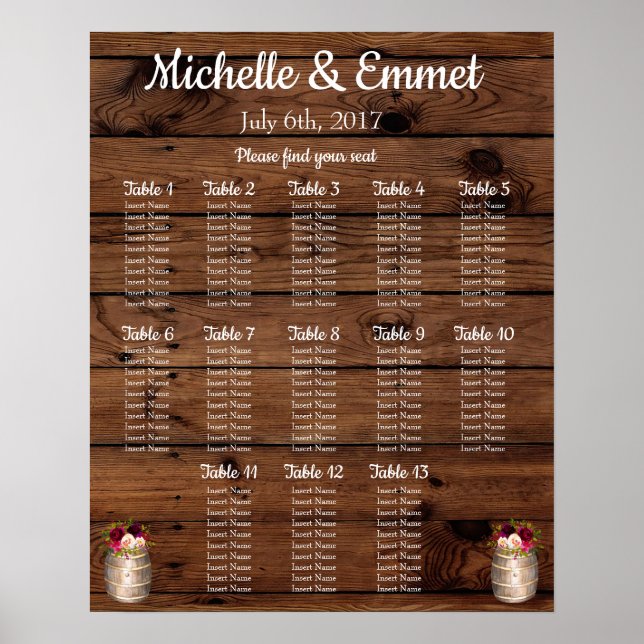 Rustic Country Barrel Boho Wedding Seating Chart (Front)