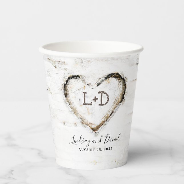 Rustic Country Birch Tree Bark Love Heart Romantic Paper Cups (Front)