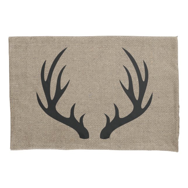 Rustic Country Black Deer Antlers Faux Burlap Pillowcase (Front)