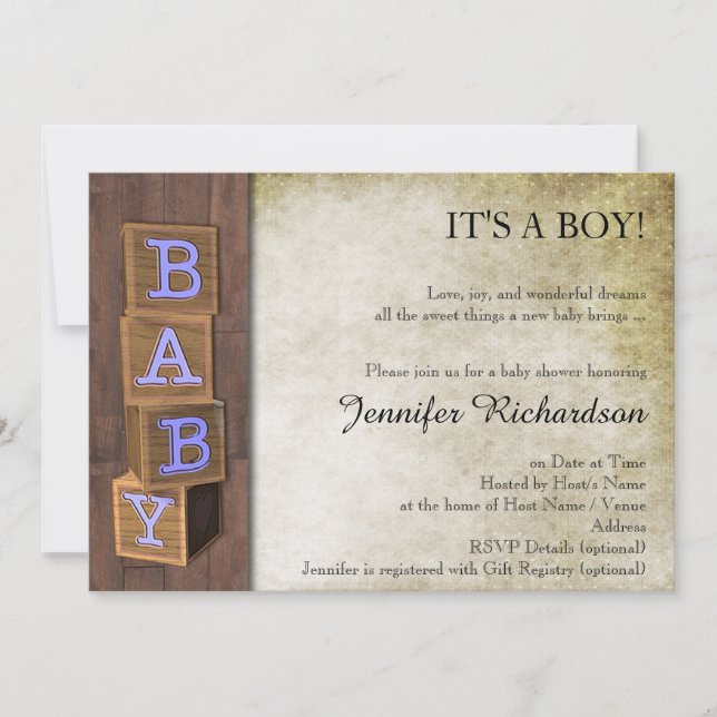 Rustic Country Blue Blocks Baby Shower Invitation (Front)