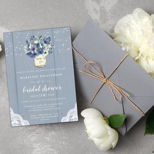 Rustic Country Blue Mason Jar Wood Bridal Shower I Invitation (Creator Uploaded)