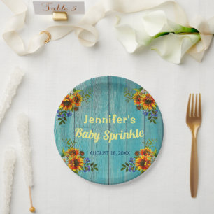 Rustic Country Blue Sunflower Baby Sprinkle Party Paper Plate