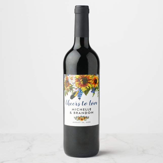 Rustic Country Blue Sunflower Cheers to Love Wine Label (Front)