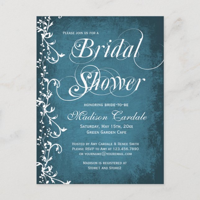 Rustic Country Blue Swirls Bridal Shower Postcards (Front)