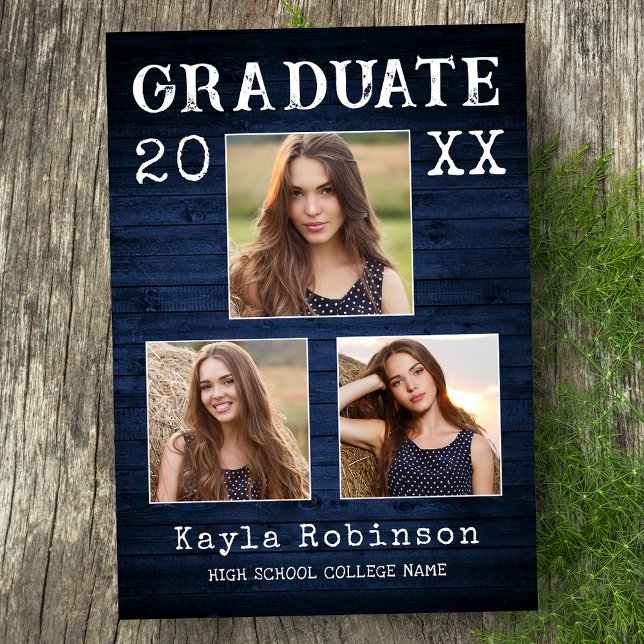 Rustic Country Blue Wood Plank 3 Photo Graduation Announcement (Available in print or instant digital download for quick messaging, email or self printing.)