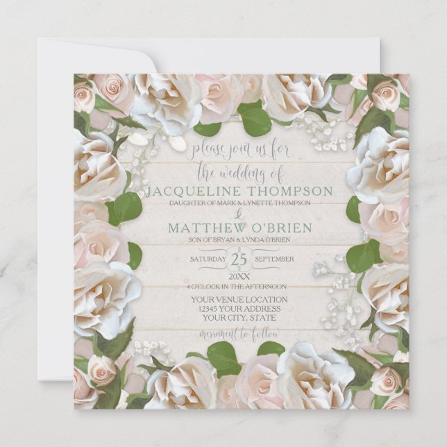 Rustic Country Blush Rose Floral Modern Wreath Invitation (Front)