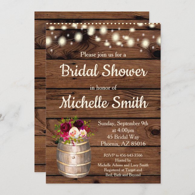 Rustic Country Boho Burgundy Barrel Bridal Shower Invitation (Front/Back)