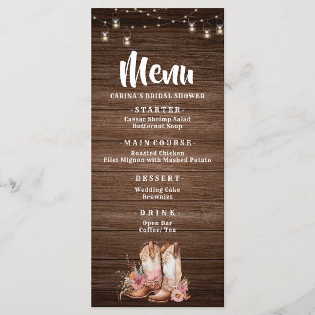 Rustic Country Boots Cowgirl Floral Birthday Menu (Front)