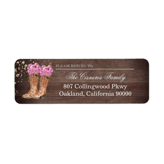 Rustic Country Boots Pink Roses Address Label (Front)