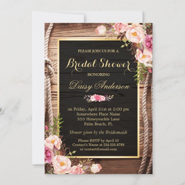 Rustic Country Bridal Shower Wood Knot Floral Wrap Invitation (Front)
