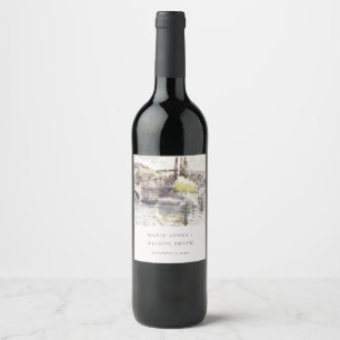 Rustic Country Bridge Riverside Watercolor Wedding Wine Label