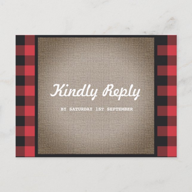 Rustic Country Buffalo Plaid & Burlap Wedding RSVP Invitation Postcard (Front)