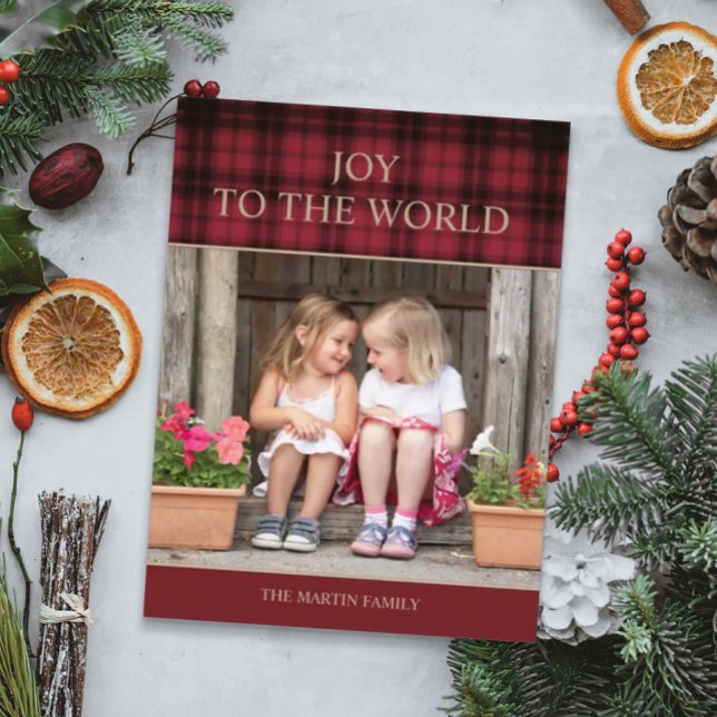 Rustic Country Buffalo Plaid Christmas Photo Joy Postcard (Creator Uploaded)