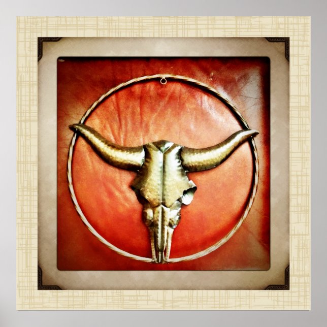 Rustic Country Bull Horns Faux Leather Design Poster (Front)